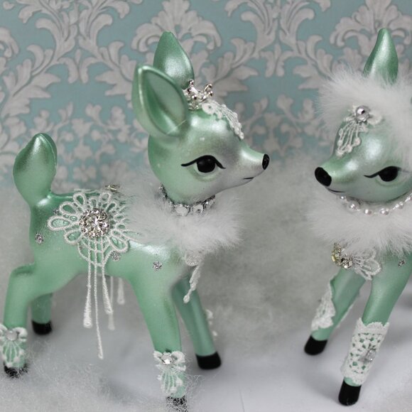 Mint Green Deer Bottle Brush Trees Vignette: Christmas Deer Trees House Set - Picture 3 of 13